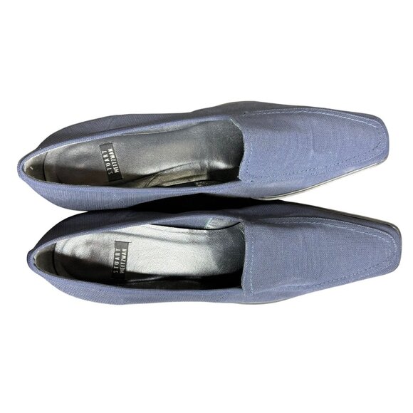Vintage 90s Stuart Weitzman Navy Blue Square Toe Kitten Heel Loafers, Fabric - Picture 8 of 14